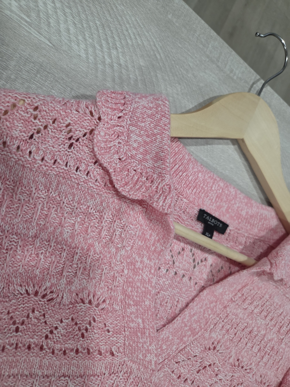Talbots Pink Open-Stitch V-Neck Collared Sweater - Picture 5 of 8